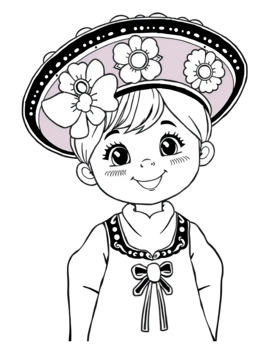 A cheerful child with a big hat and a traditional costume for Russia.