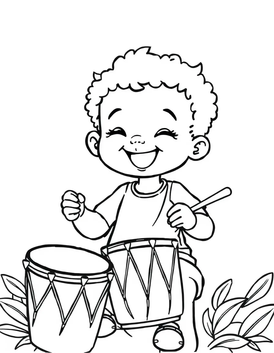 A smiling child playing the drums for Brazil.