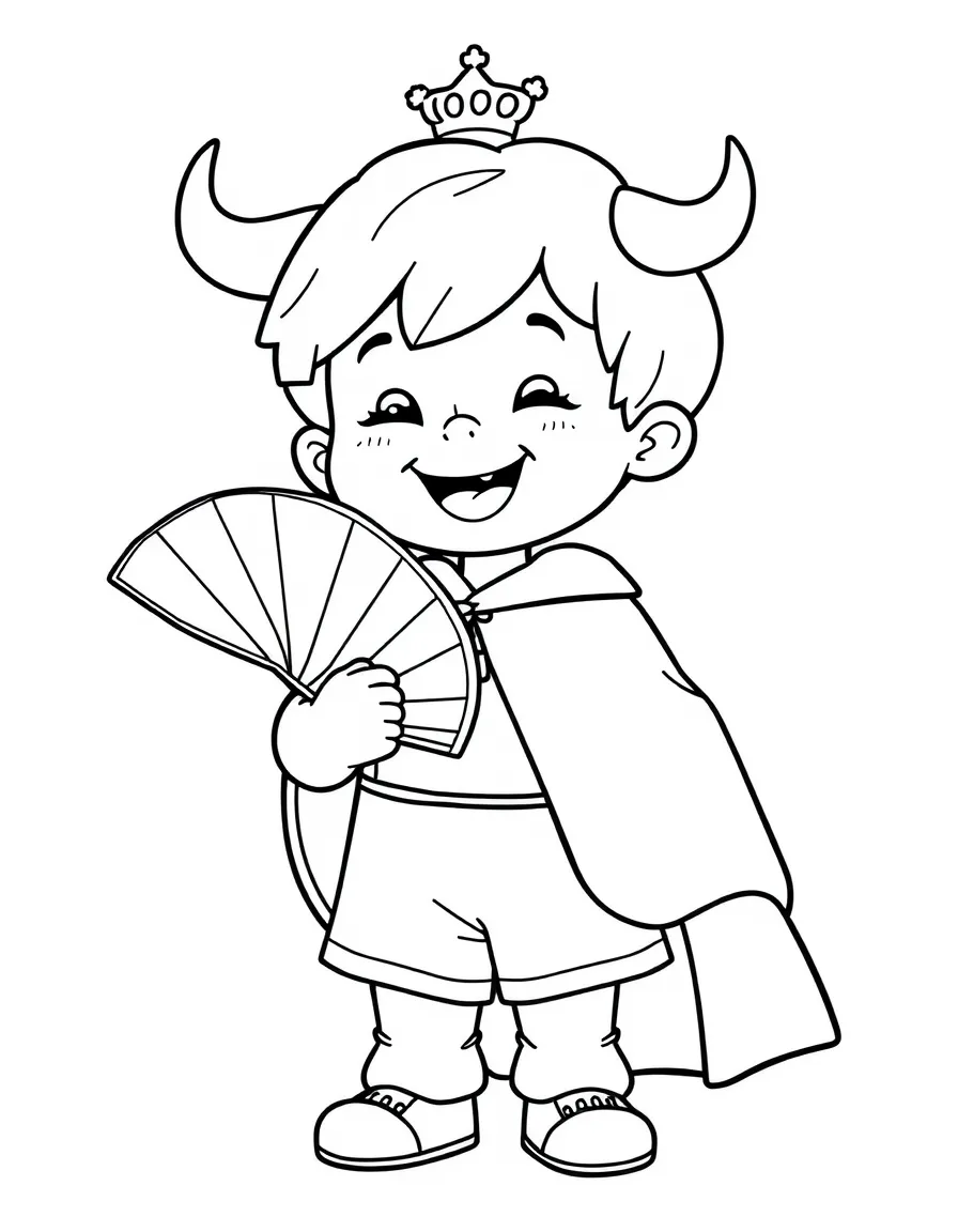 A happy child with a fan and a bullfighter cape for Spain.