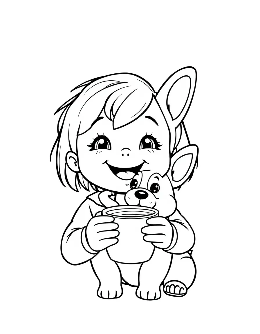 A smiling child with a cup of tea and a corgi dog for United Kingdom.