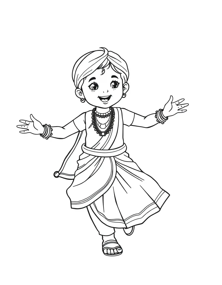A happy child dancing a classical Indian dance for India.