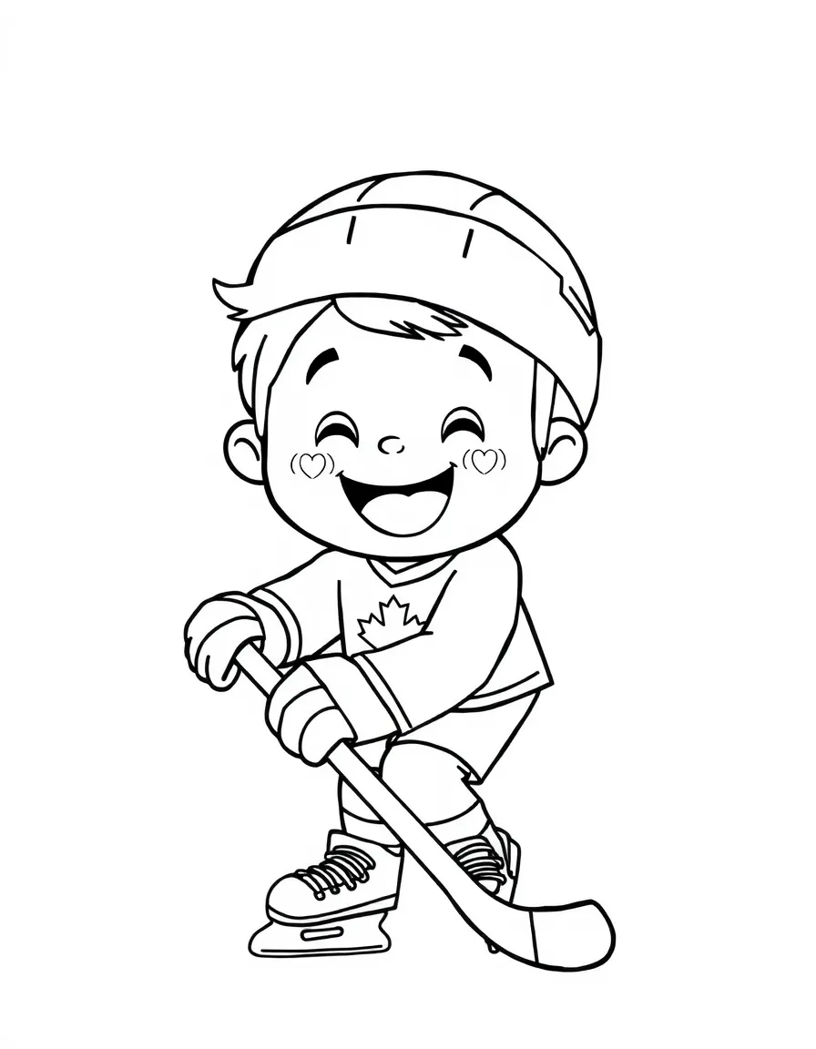 A cheerful child playing ice hockey for Canada.
