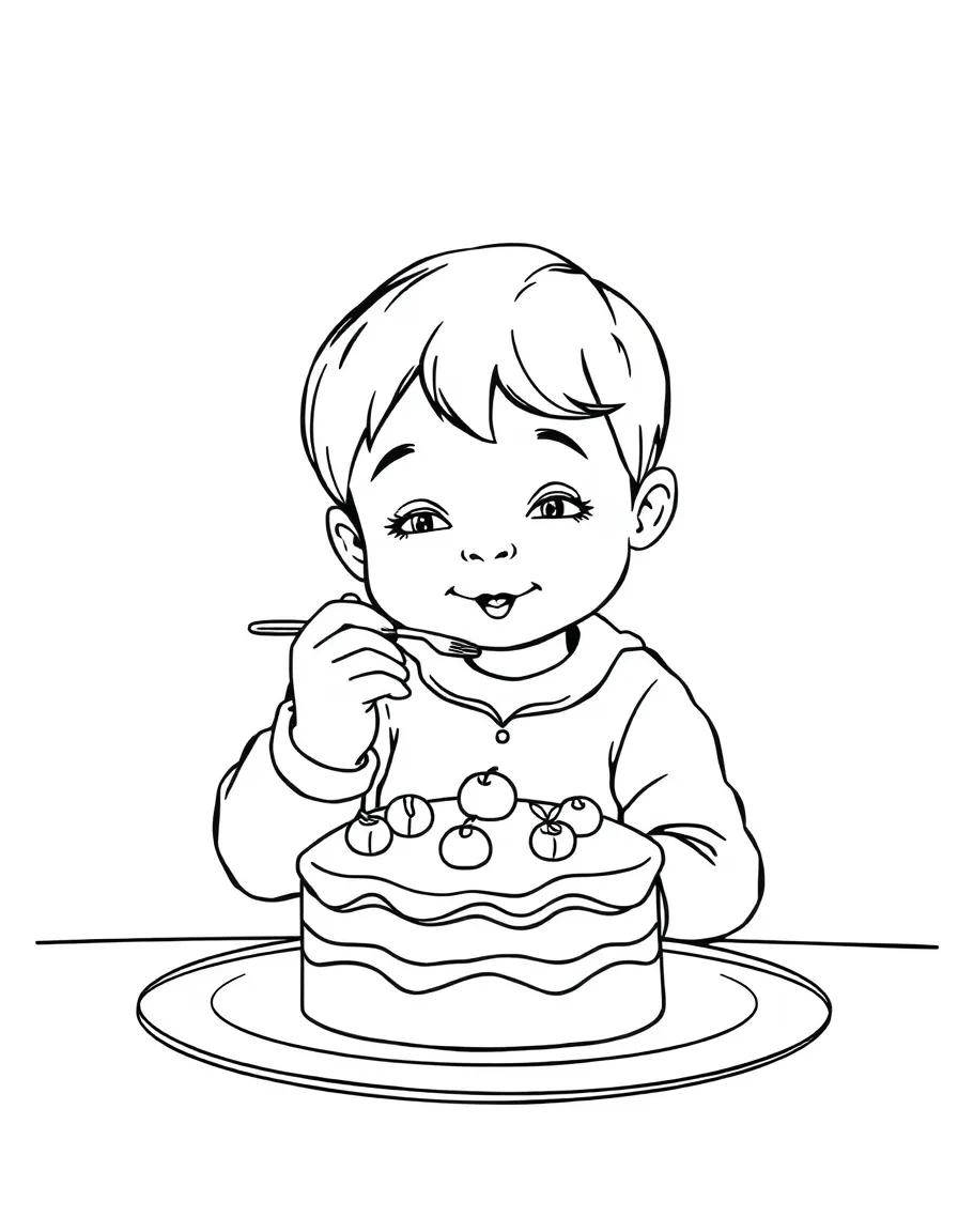 A child eating a Black Forest cake for Germany.