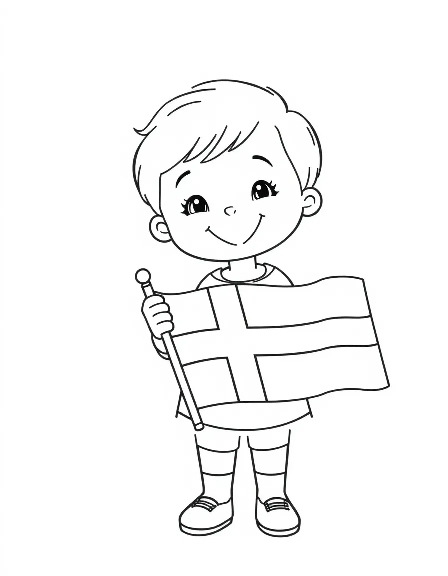 A smiling child holding a flag of Sweden.