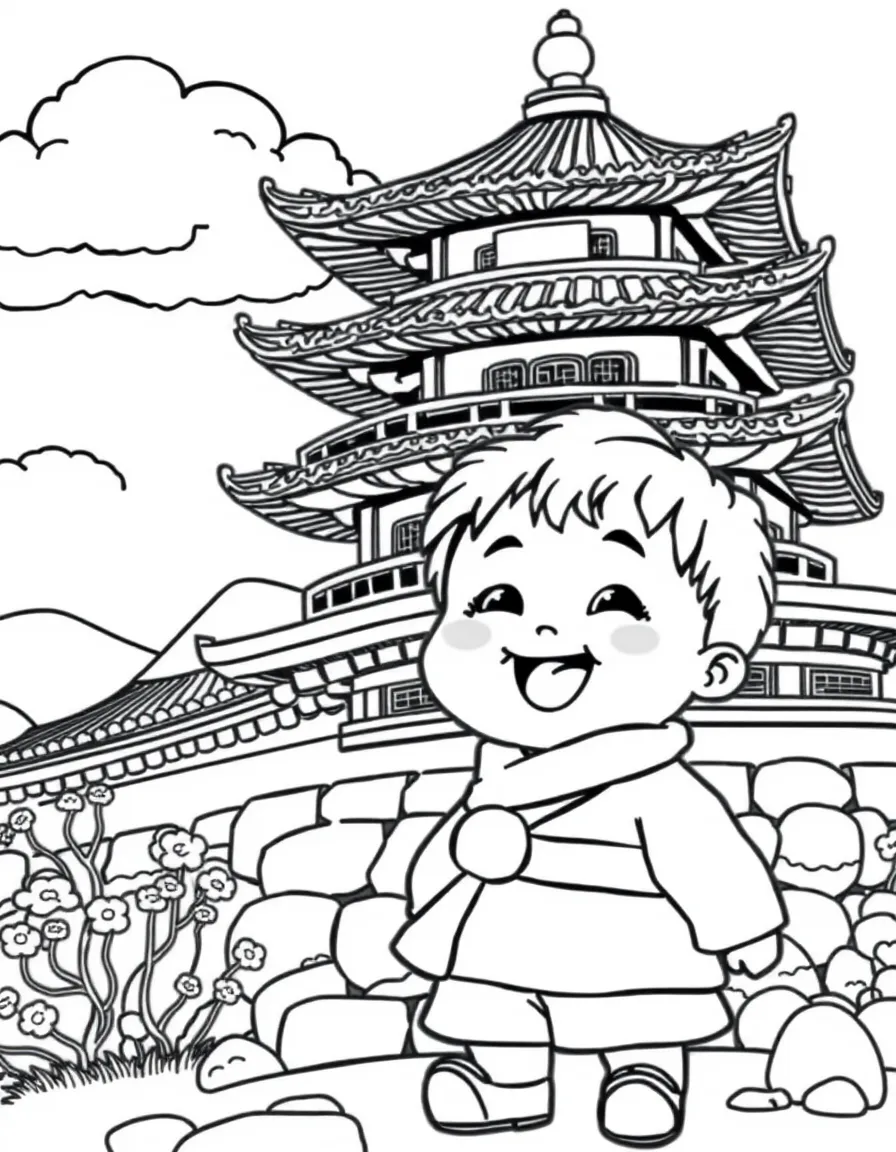 A happy child with a pagoda for South Korea.