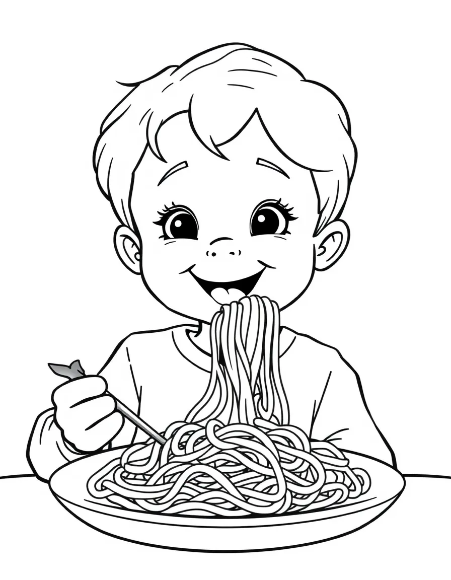 A happy child eating spaghetti for Italy.