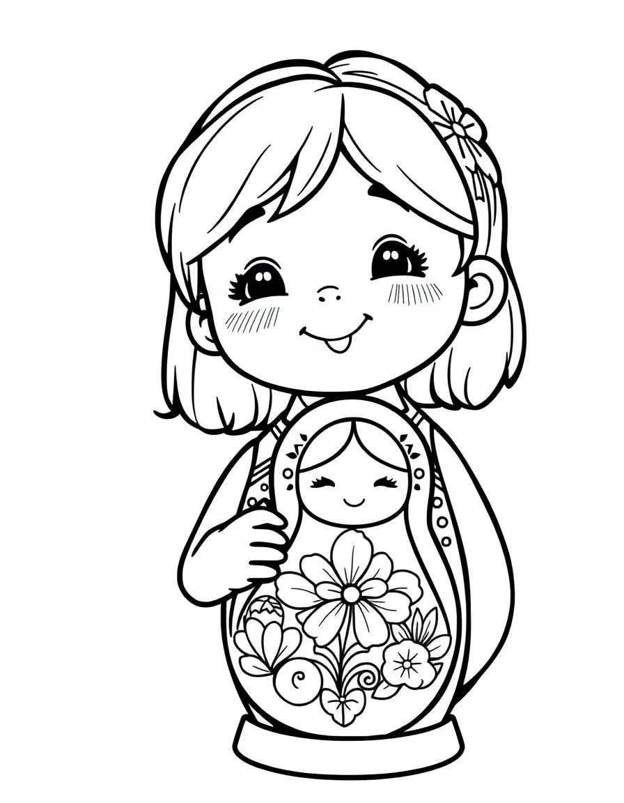A cheerful child with a Russian nesting doll for Russia.