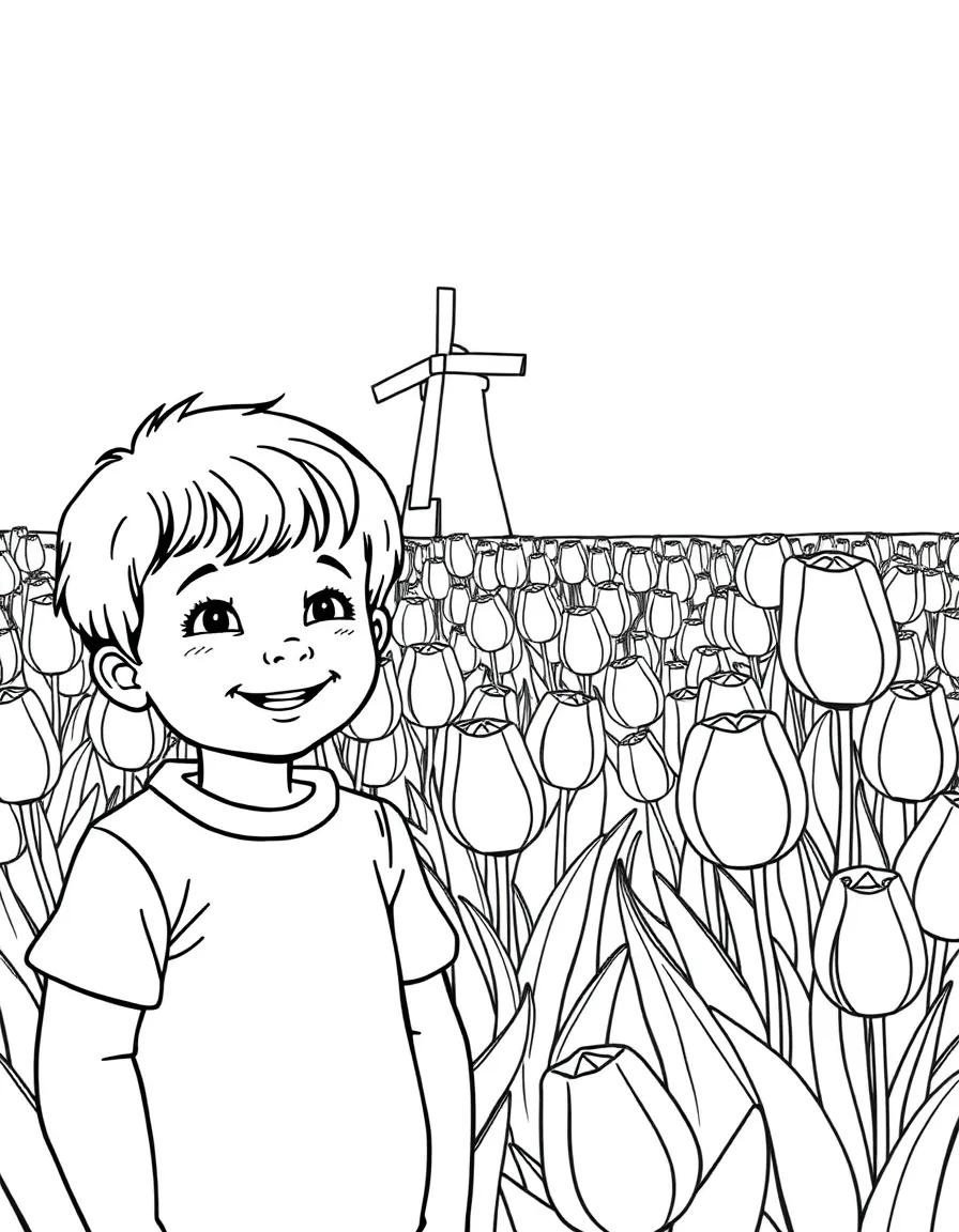 A smiling child next to a field of tulips for Netherlands.