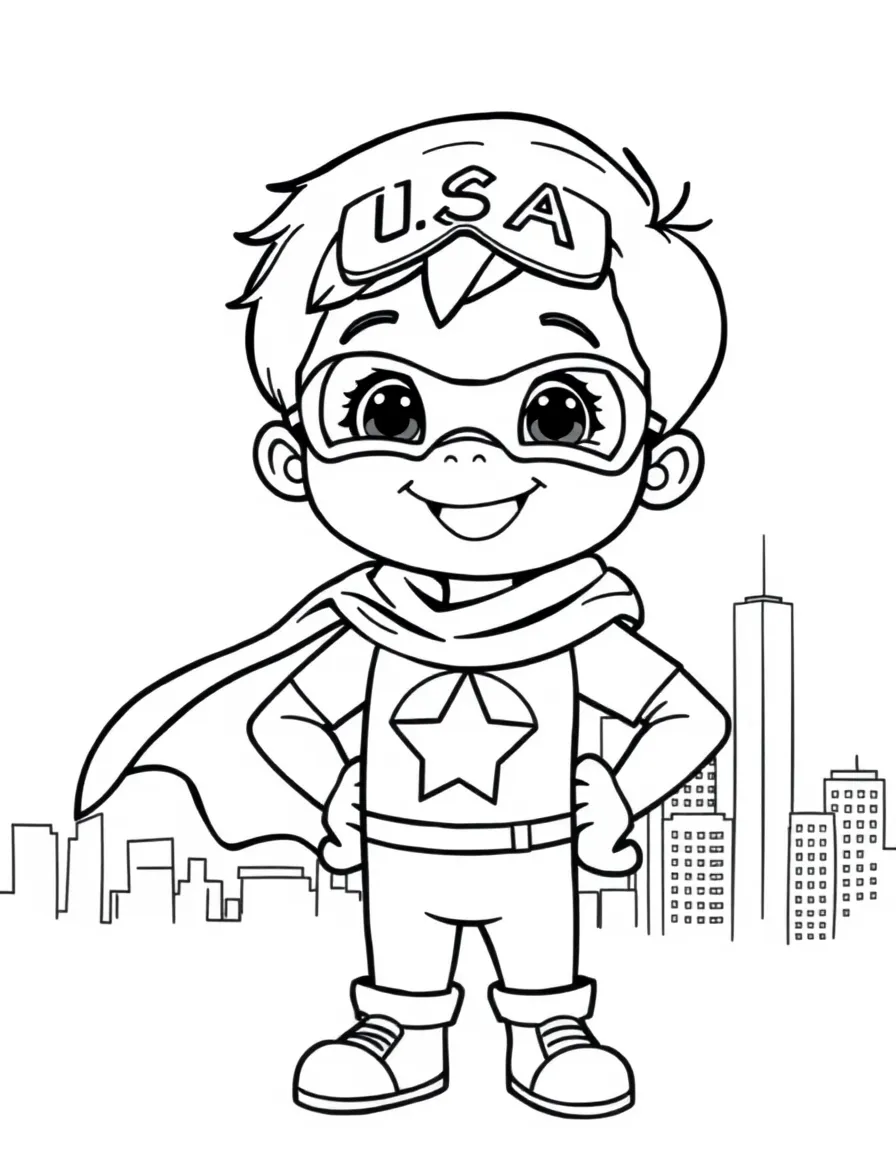 A cheerful child with a superhero costume and a city skyline for USA.