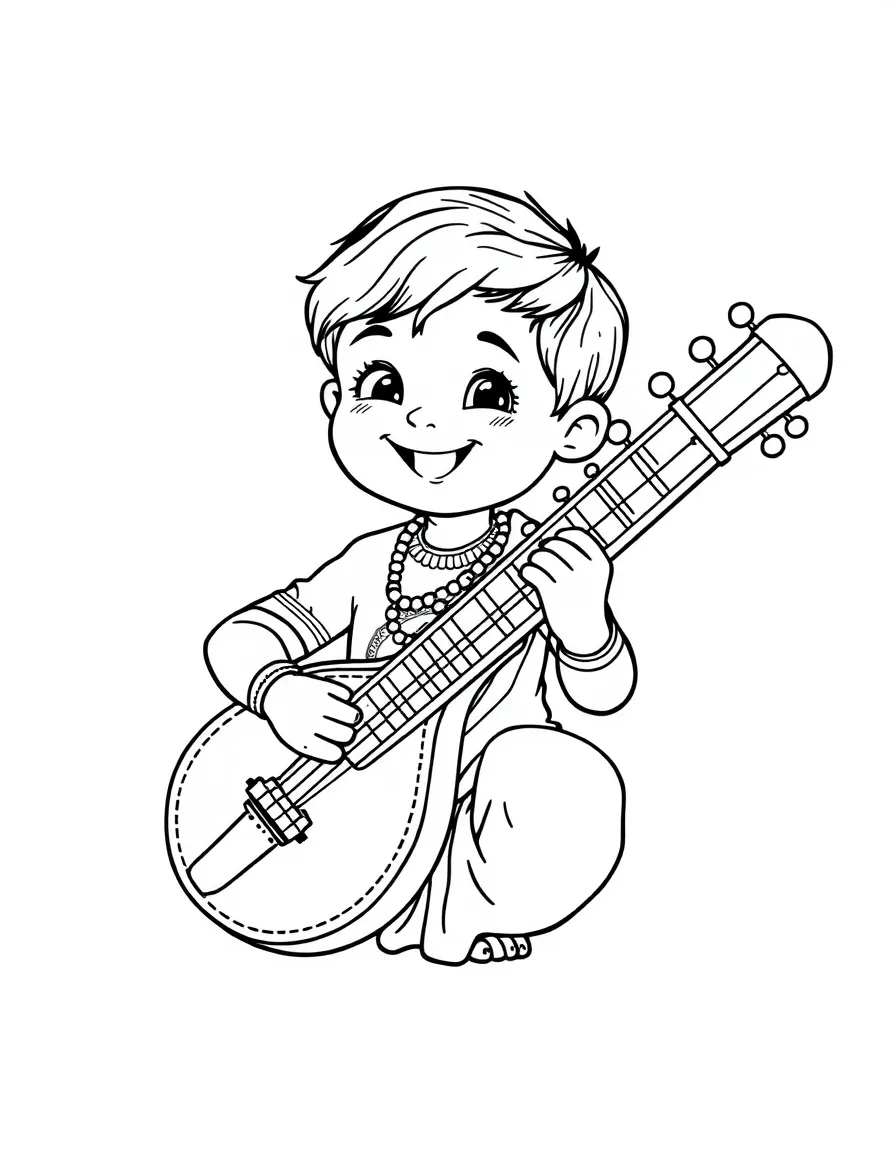 A happy child playing a sitar for India.