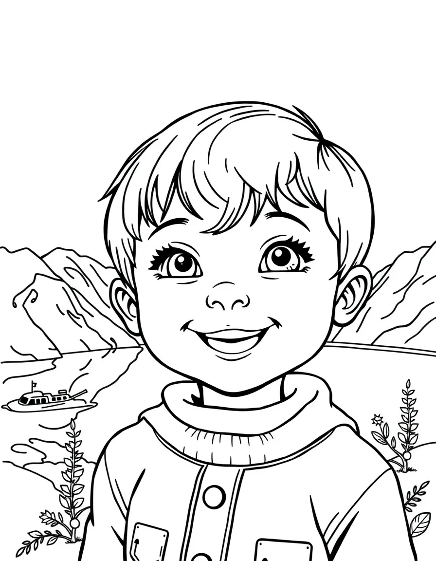 A smiling child with a fjord background for Norway.