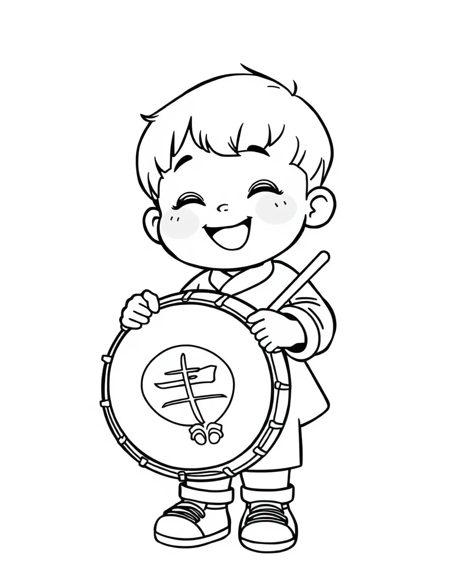 A happy child with a traditional Korean drum for South Korea.