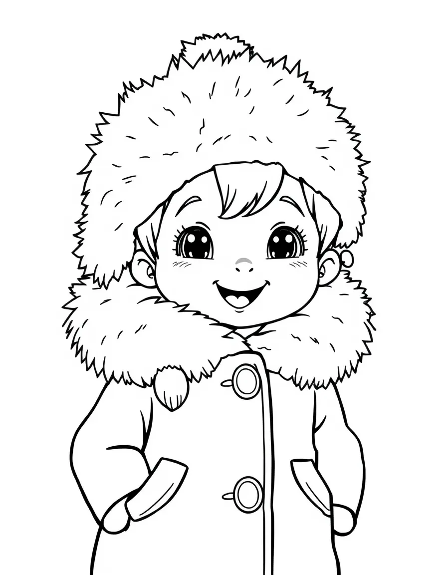 A cheerful child with a fur hat and a big coat for Russia.