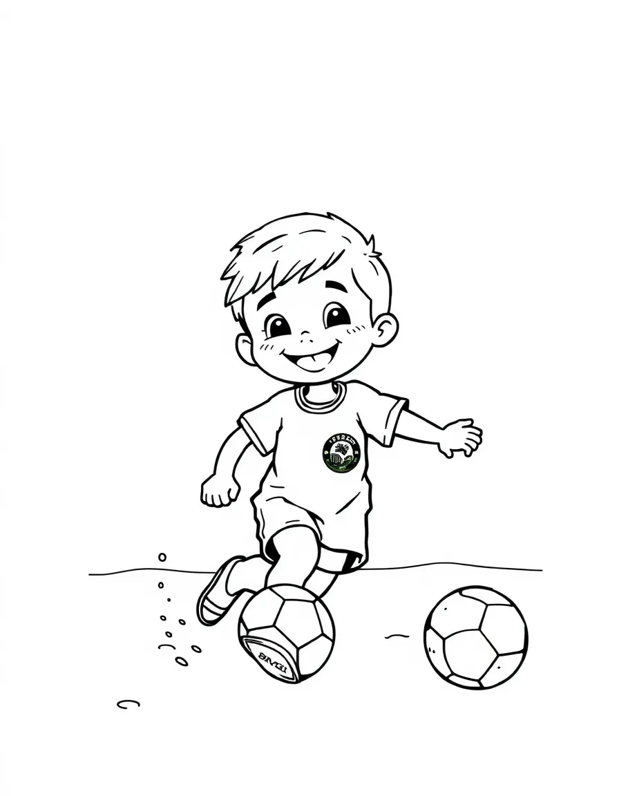 A smiling child playing soccer on the beach for Brazil.