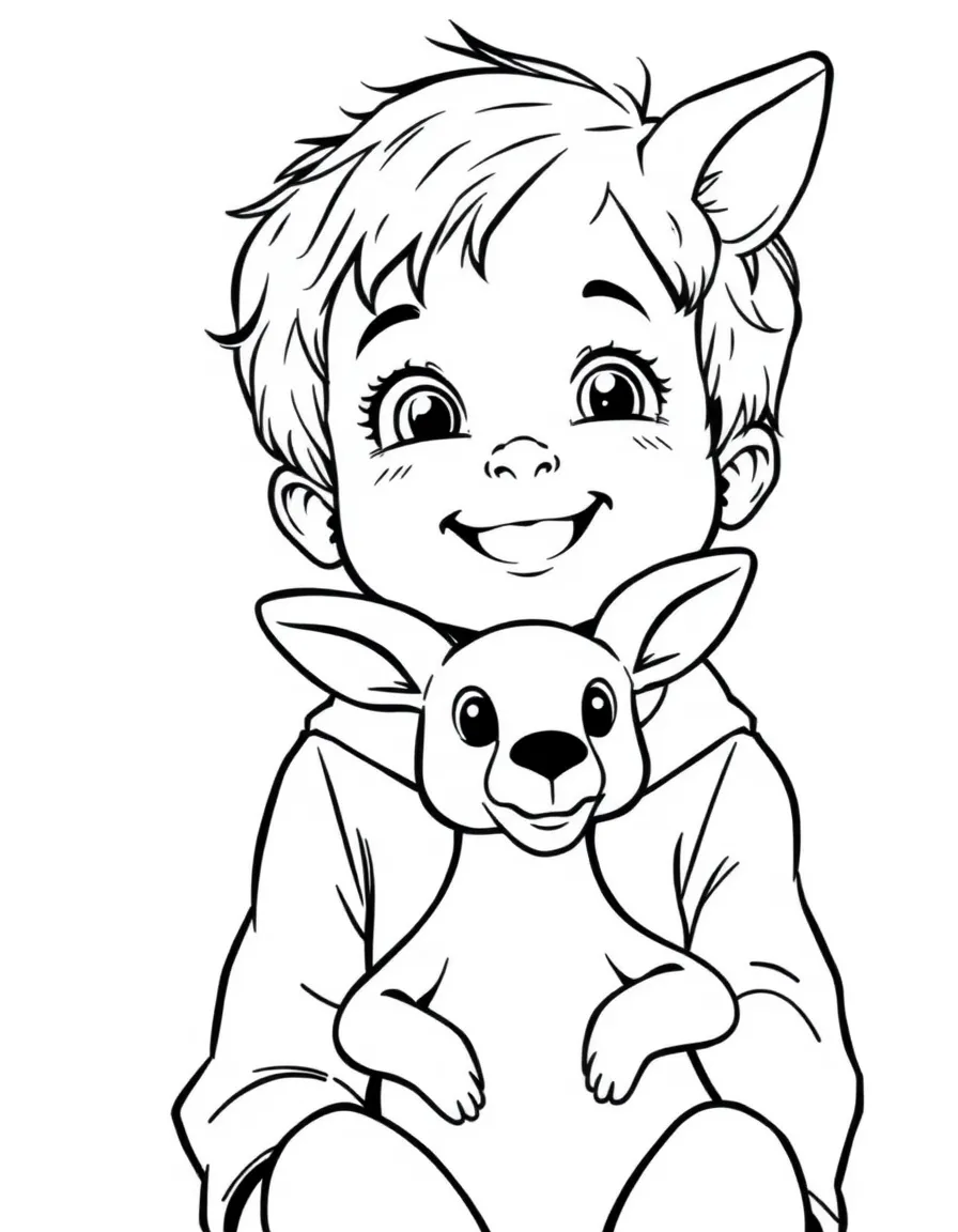 A happy child with a kangaroo plush toy for Australia.