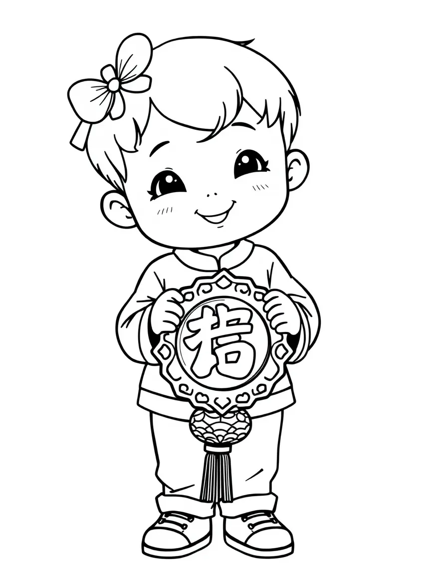 A child holding a Chinese New Year decoration for China.