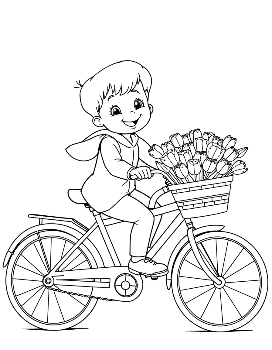 A smiling child riding a bicycle with a basket of tulips for Netherlands.