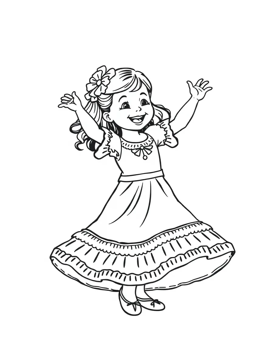 A happy child dancing with a flamenco dress for Spain.