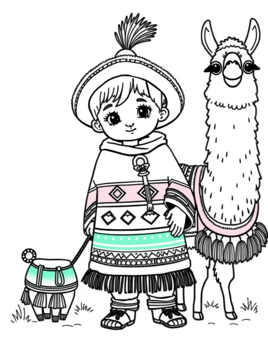 A child with a colorful blanket (poncho) and a llama for Peru.