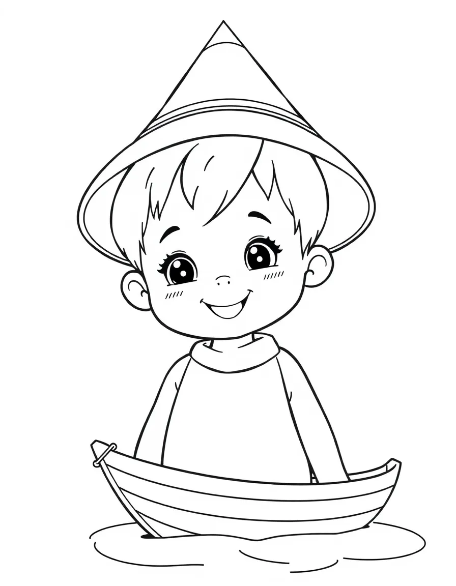 A cheerful child with a cone-shaped hat (nón lá) and a boat for Vietnam.