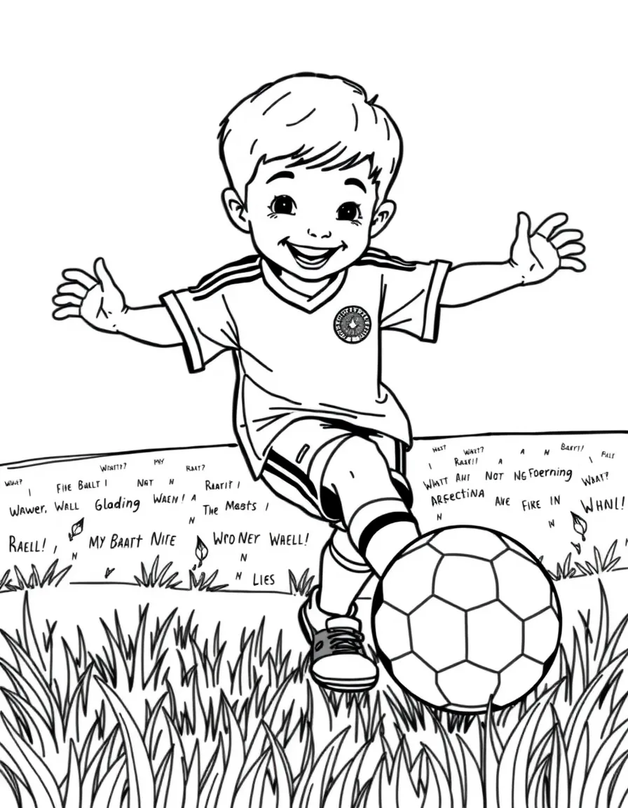 A happy child kicking a soccer ball in a field for Argentina.