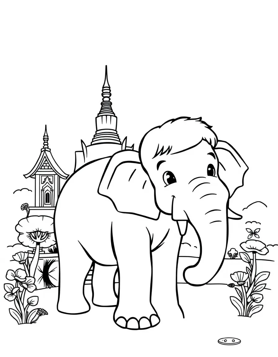 A smiling child with an elephant and a temple for Thailand.