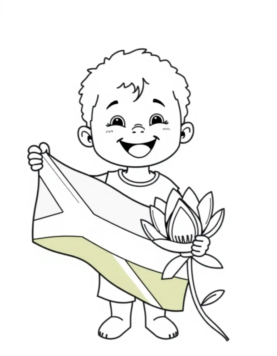 A happy child holding a flag of South Africa and a protea flower.