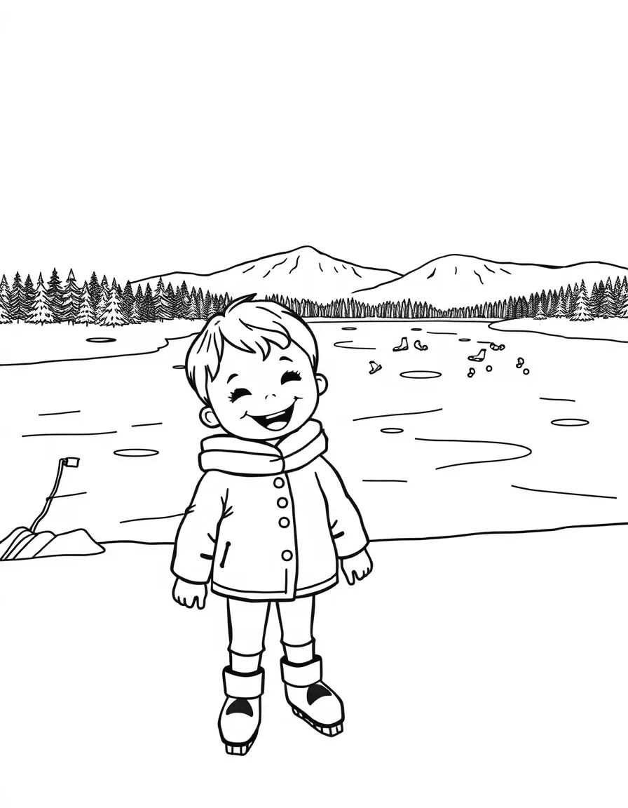 A cheerful child near a frozen lake with ice skaters for Finland.