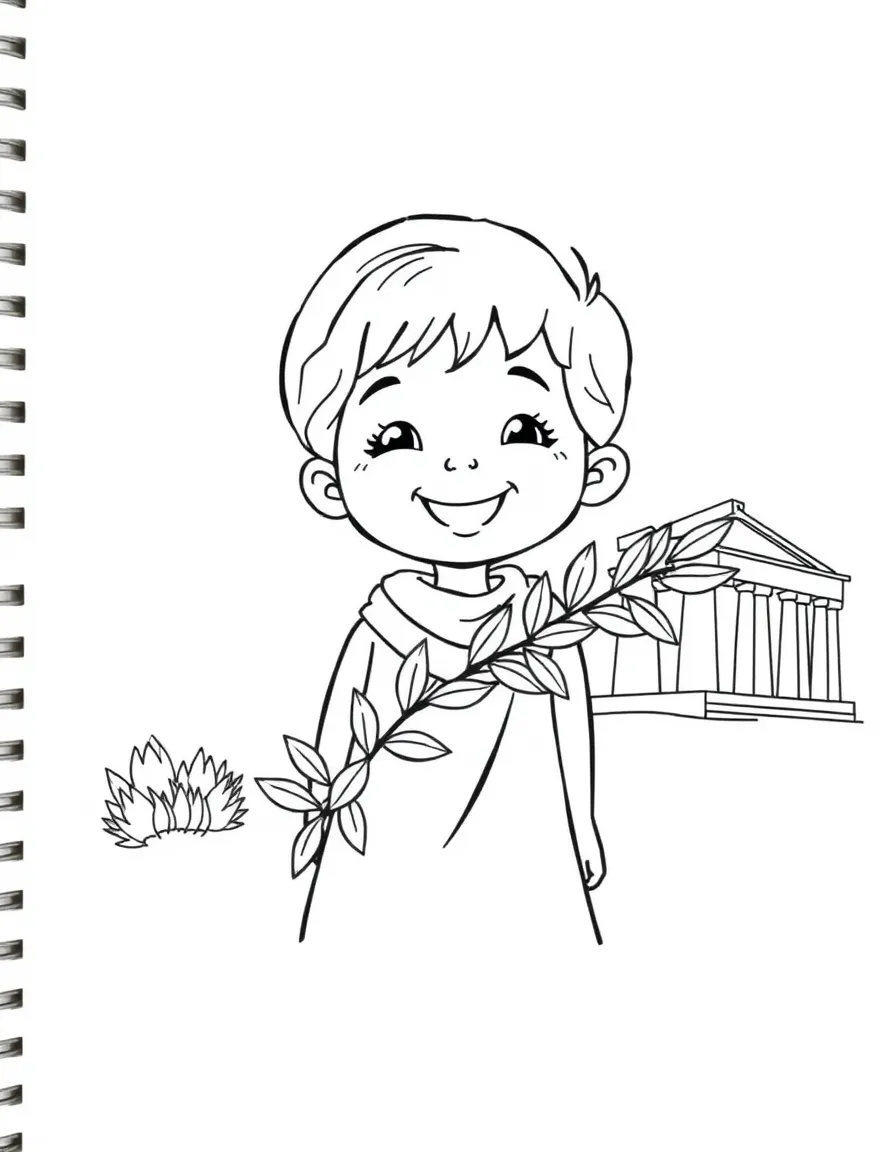 A cheerful child with an olive branch and a Greek temple for Greece.