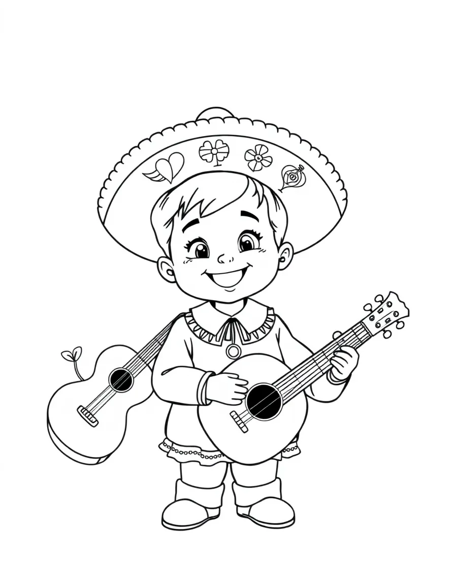 A smiling child with a mariachi band for Mexico.