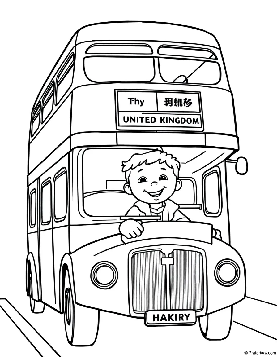 A happy child on a double-decker bus for United Kingdom.