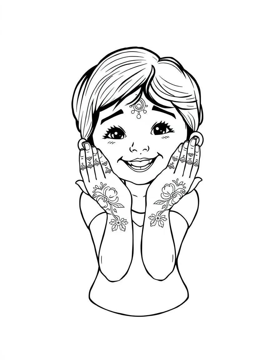 A cheerful child with henna on their hands for India.