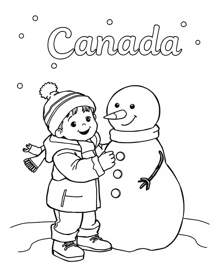 A child playing with a snowman for Canada.