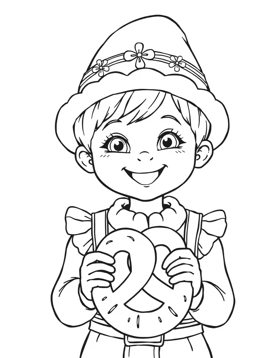 A smiling child with a traditional German hat and a pretzel for Germany.