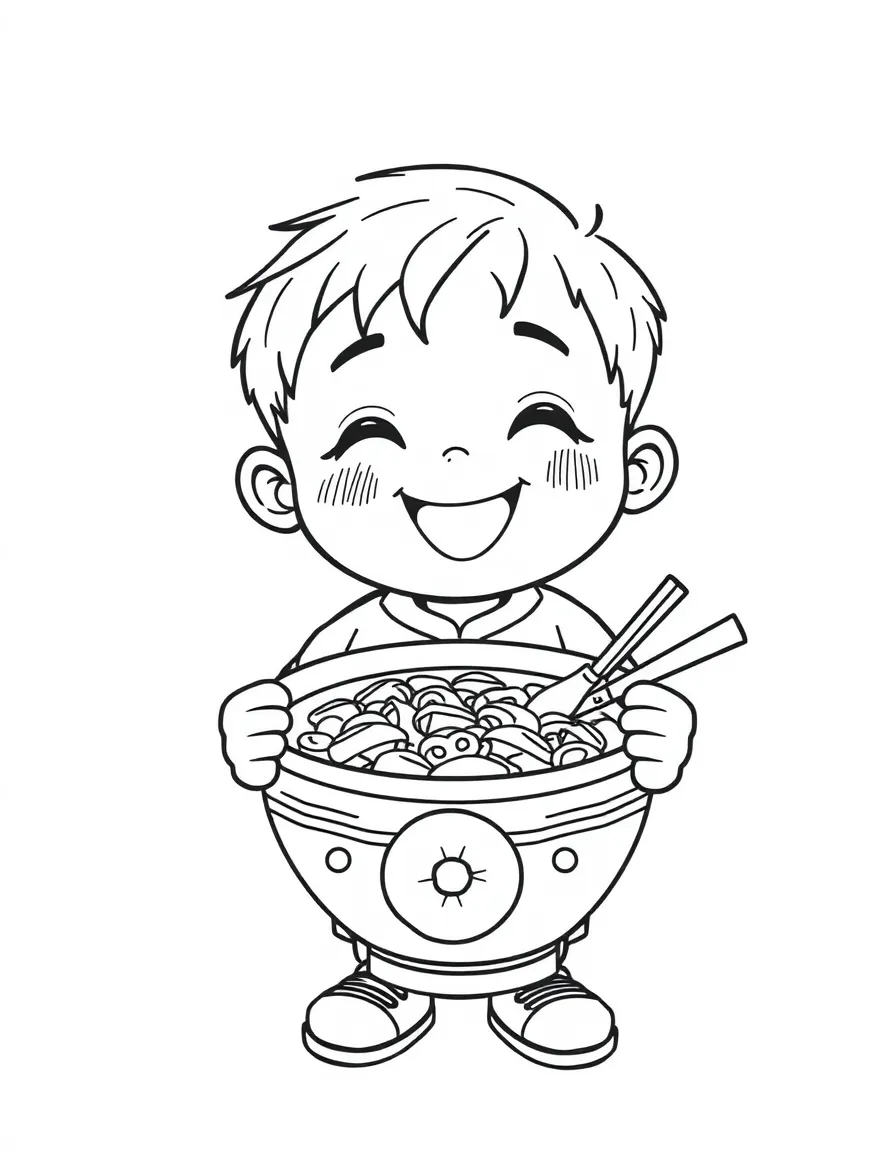 A cheerful child with a kimchi bowl for South Korea.