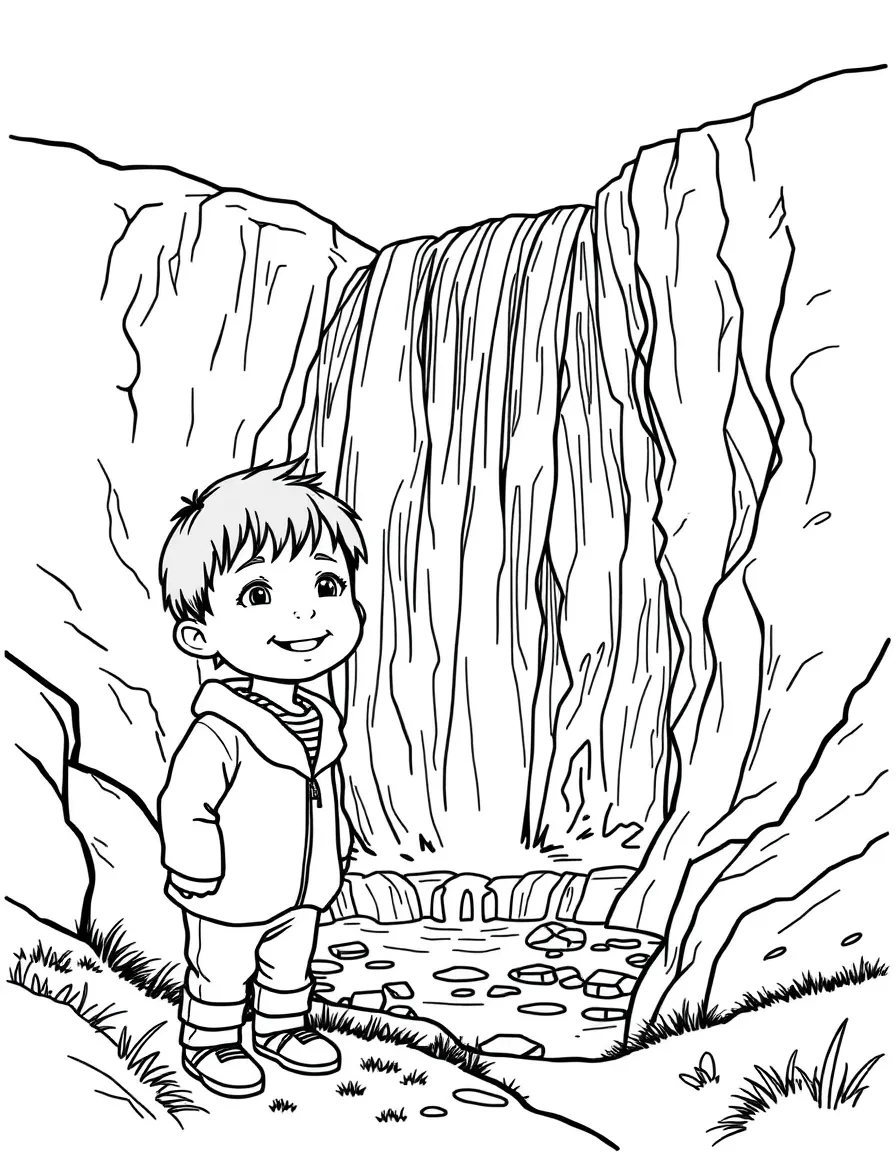 A smiling child near a waterfall for Iceland.