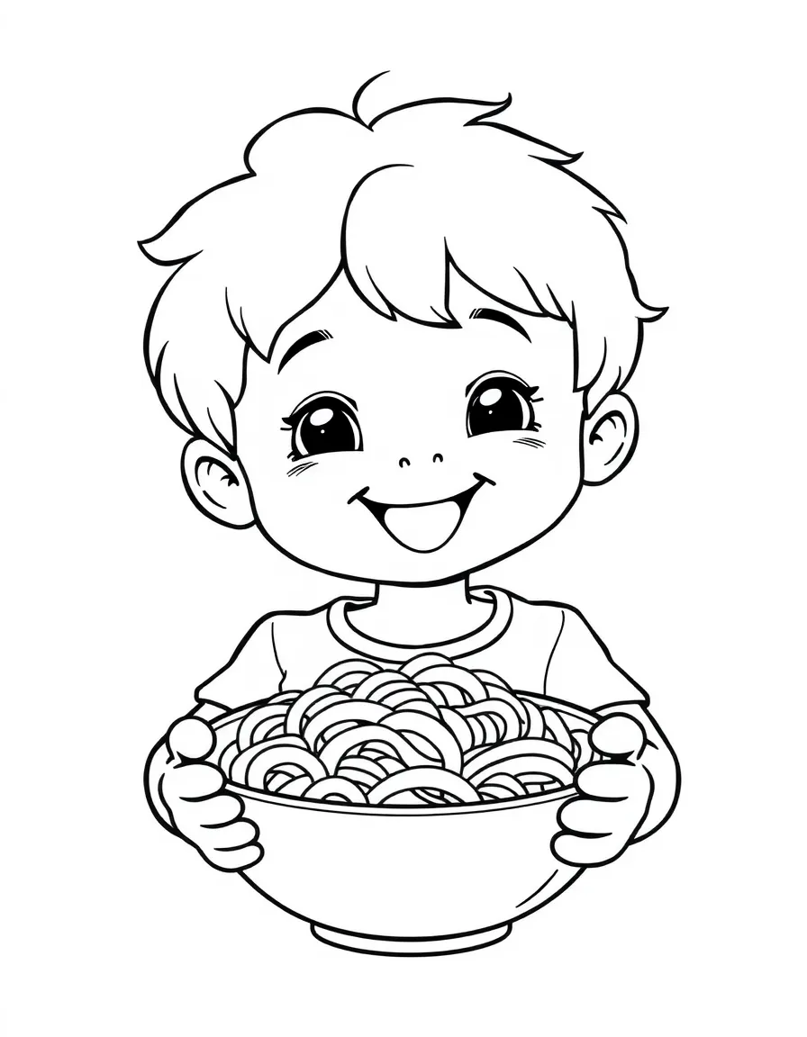 A happy child with a bowl of pasta for Italy.