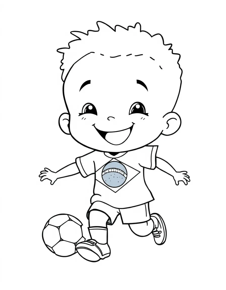 A smiling child playing football for Brazil.