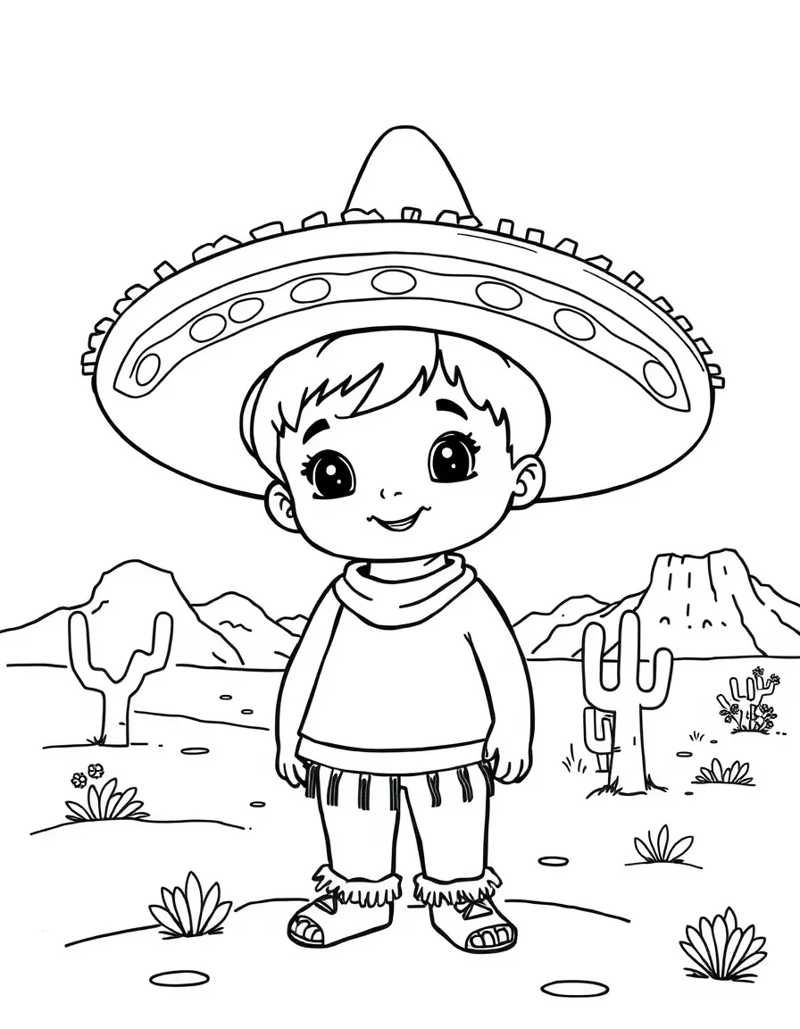 A child with a sombrero and a desert landscape for Mexico.