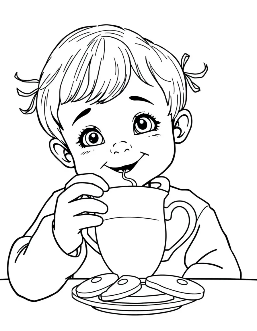 A smiling child drinking tea with biscuits for United Kingdom.