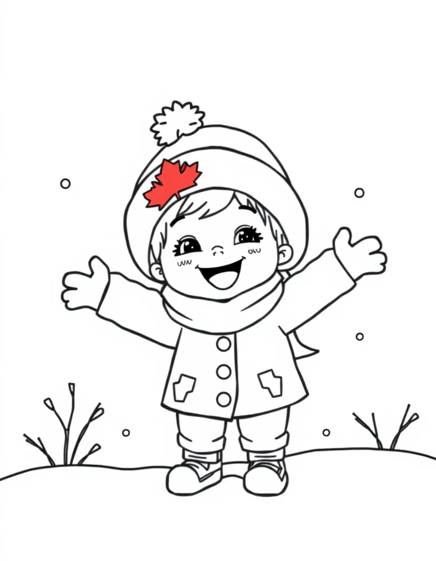 A cheerful child playing in the snow with a red maple leaf on their hat for Canada.