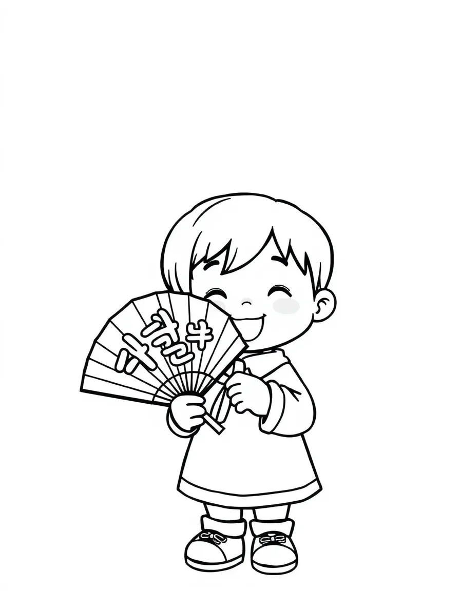 A happy child holding a fan with Korean writing for South Korea.