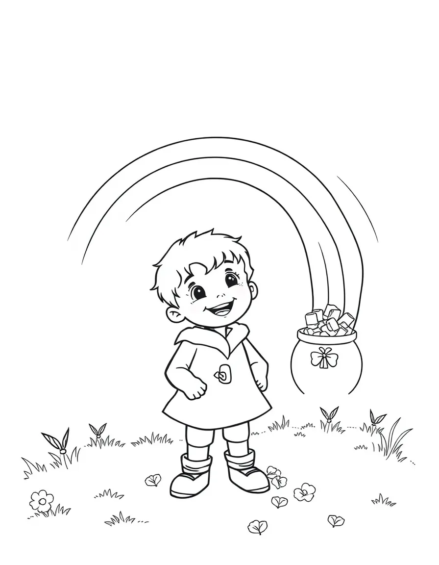 A cheerful child looking for a pot of gold at the end of a rainbow for Ireland.