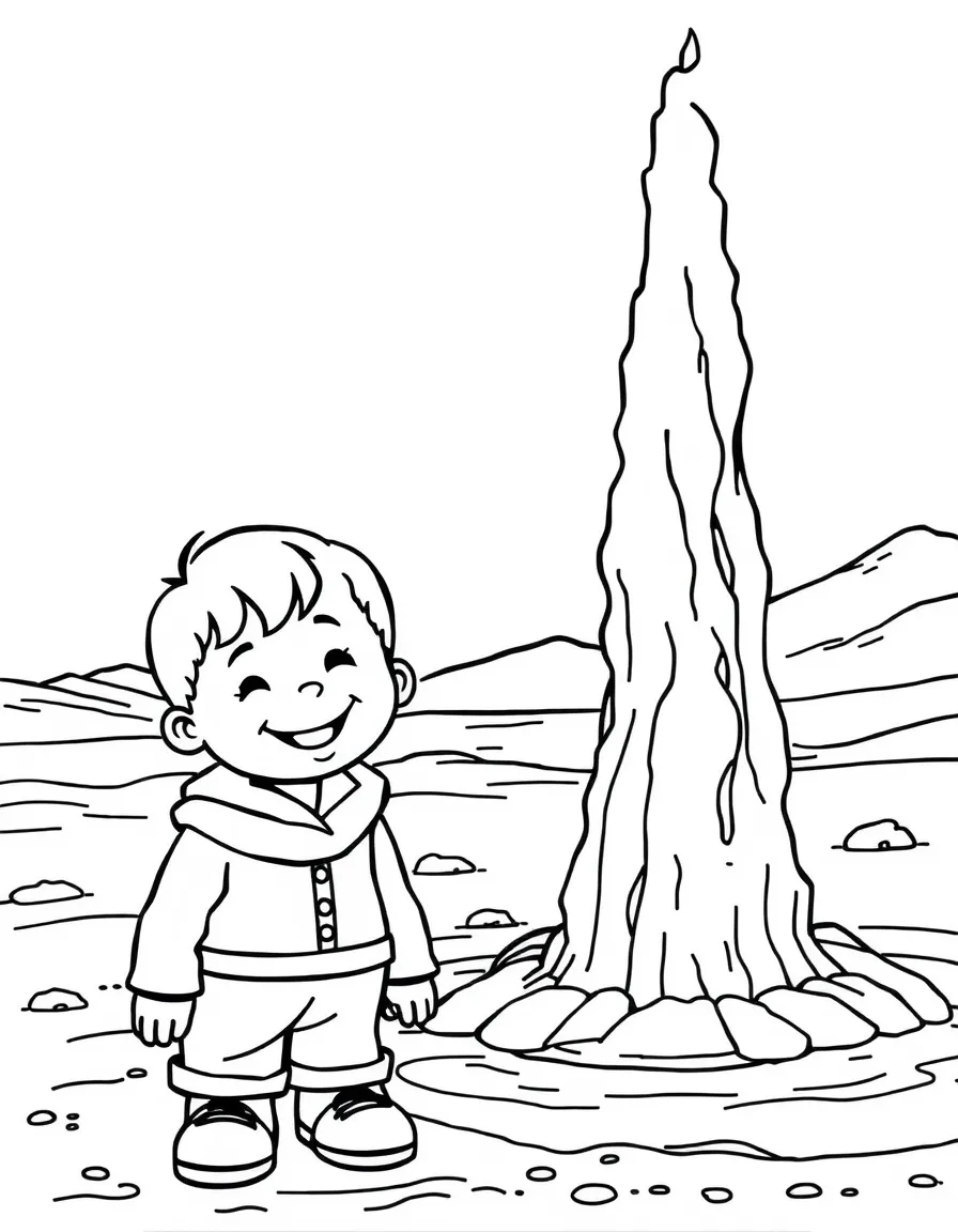 A smiling child next to a geyser for Iceland.