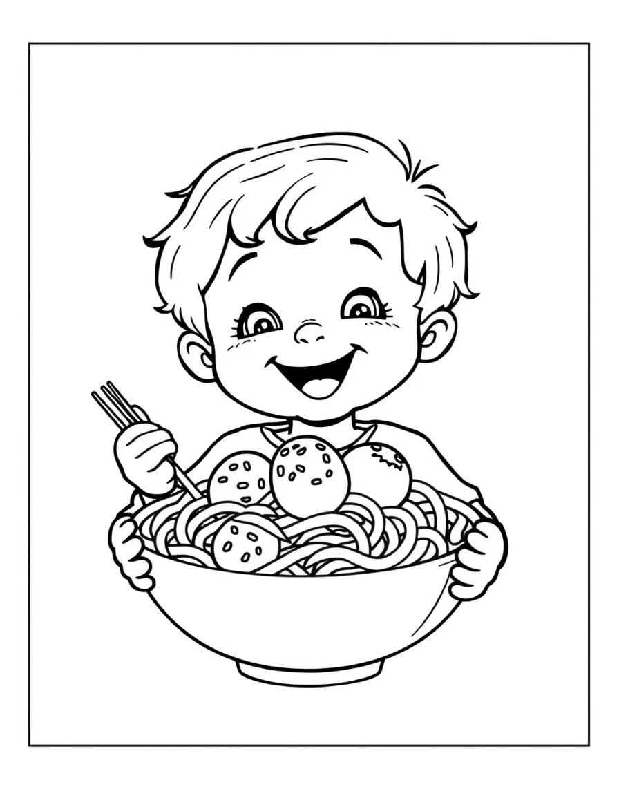 A happy child with a bowl of spaghetti and meatballs for Italy.