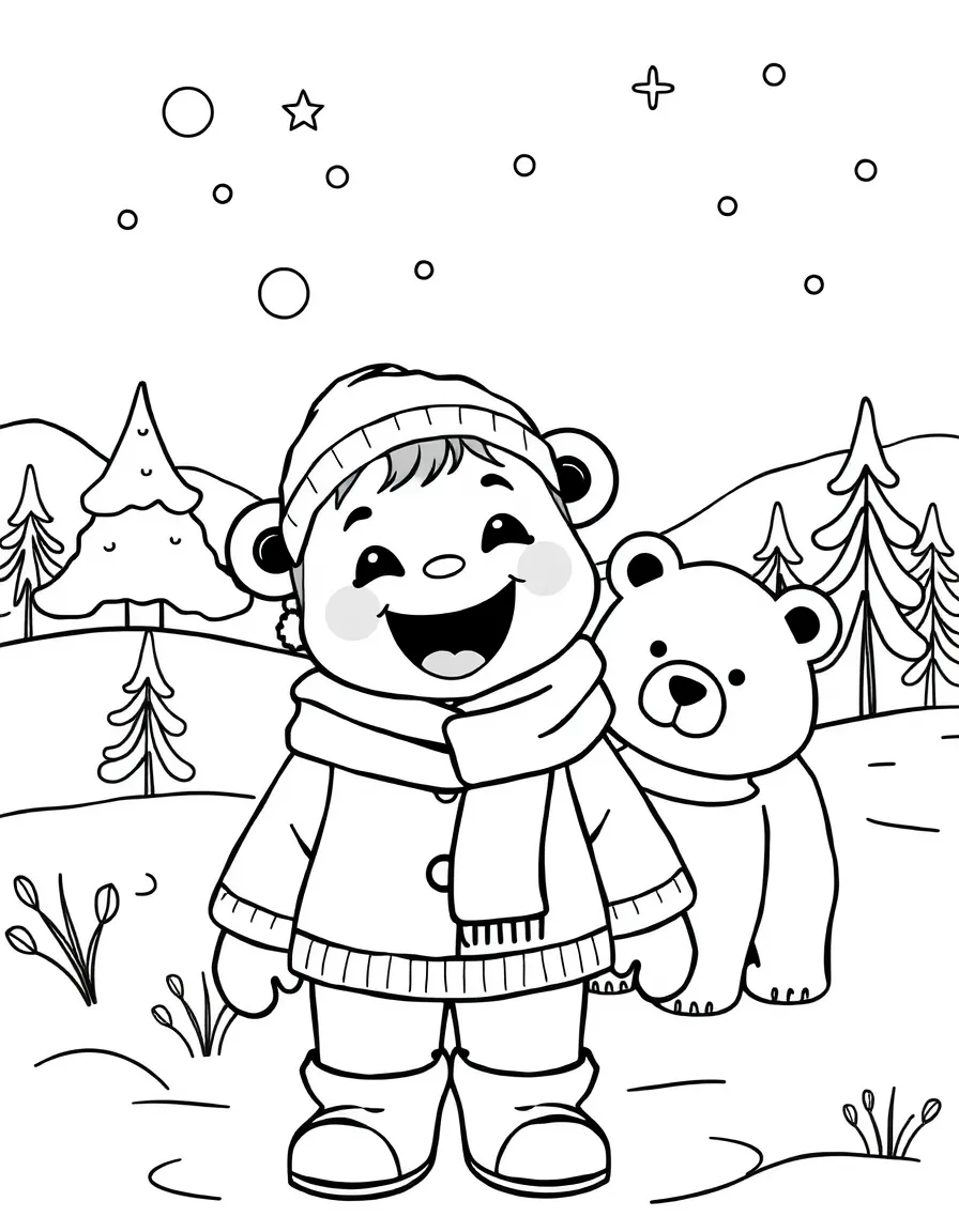 A cheerful child in a snowy landscape with a bear for Russia.