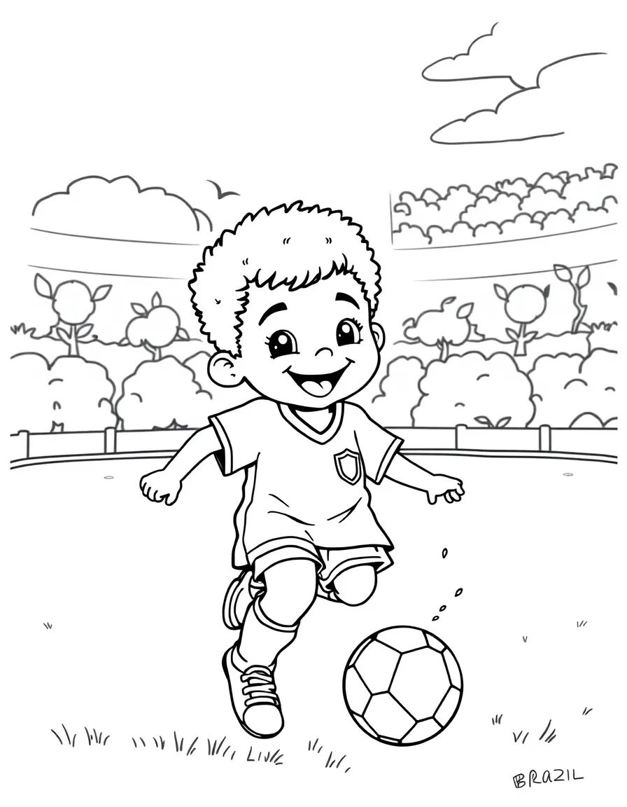 A smiling child playing soccer on a vibrant green field for Brazil.