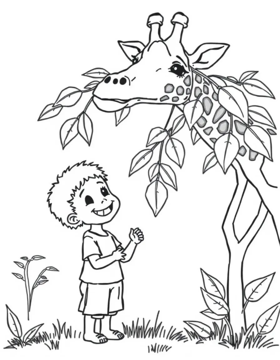 A cheerful child watching a giraffe eat leaves from a tree for Kenya.