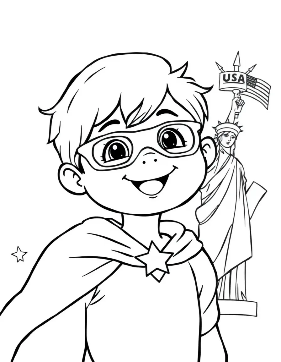 A cheerful child with a superhero cape and the Statue of Liberty for USA.
