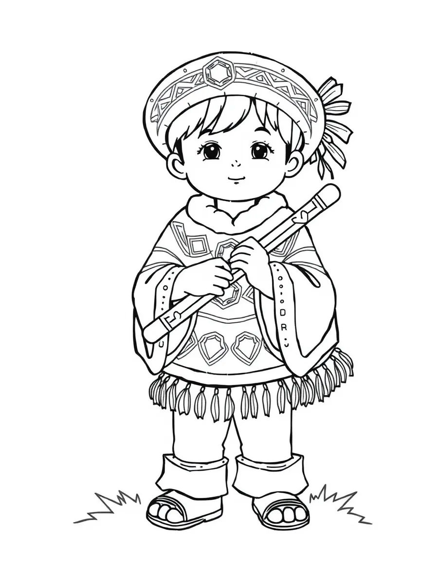 A child with a colorful poncho and a flute for Peru.